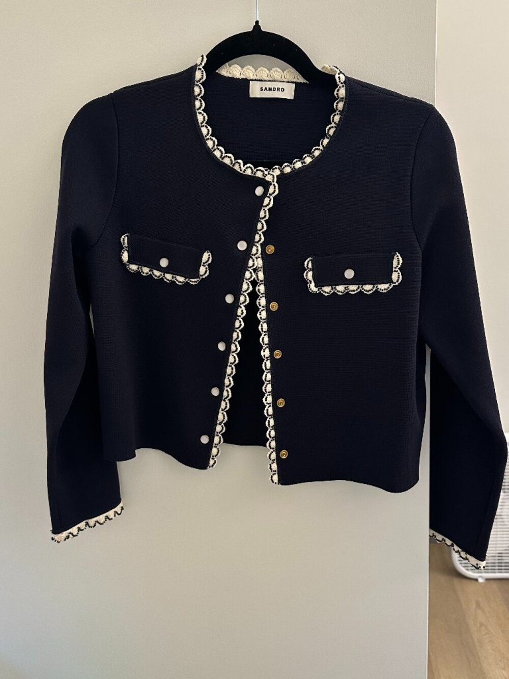 Sandro Bolero Cardigan Navy Pearl Trim Cropped Jacket Parisian Chic Sweater